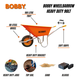 BOBBY Wheelbarrow Orange Plastic Tray 100L